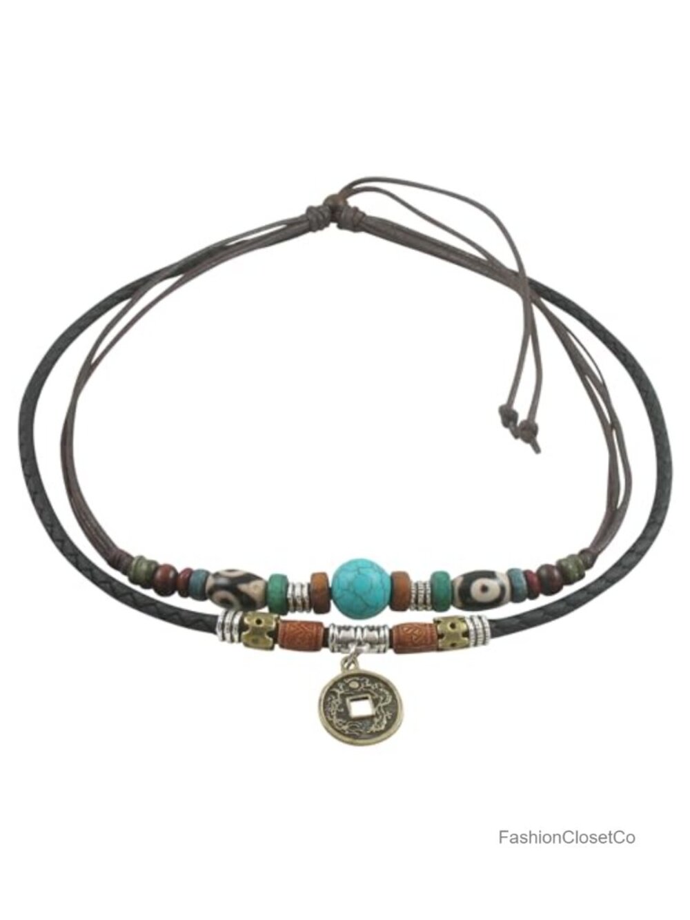 Hemp Leather Boho Choker Necklace with Turquoise Bead and Coin Pendant